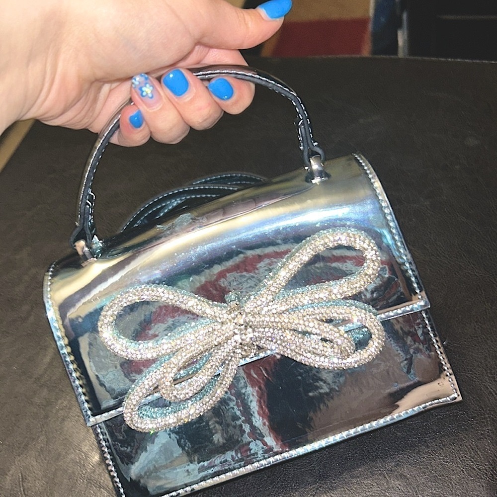 ALDO CHROME BLUE RHINESTONE BOW MINI CROSSBODY BAG TEAL